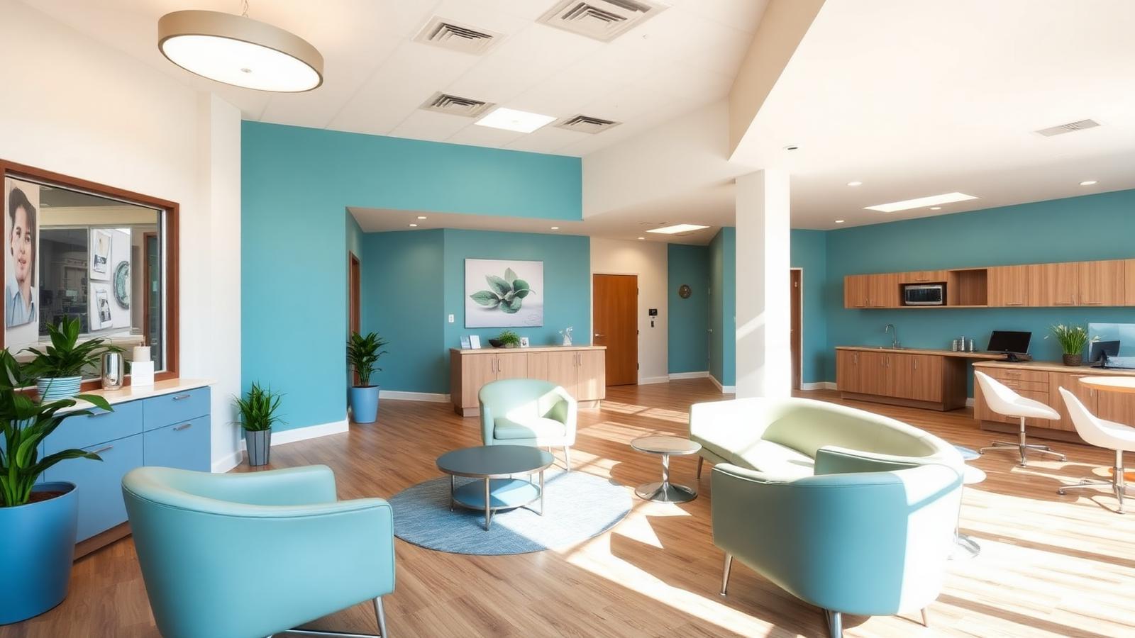 Warm modern reception area at Lakewood Dental with light blue accents and comfortable seating