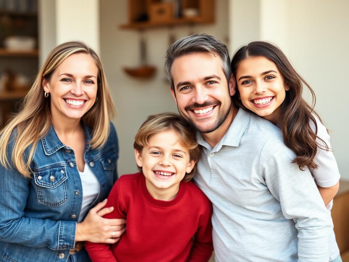Happy family of four with bright healthy smiles